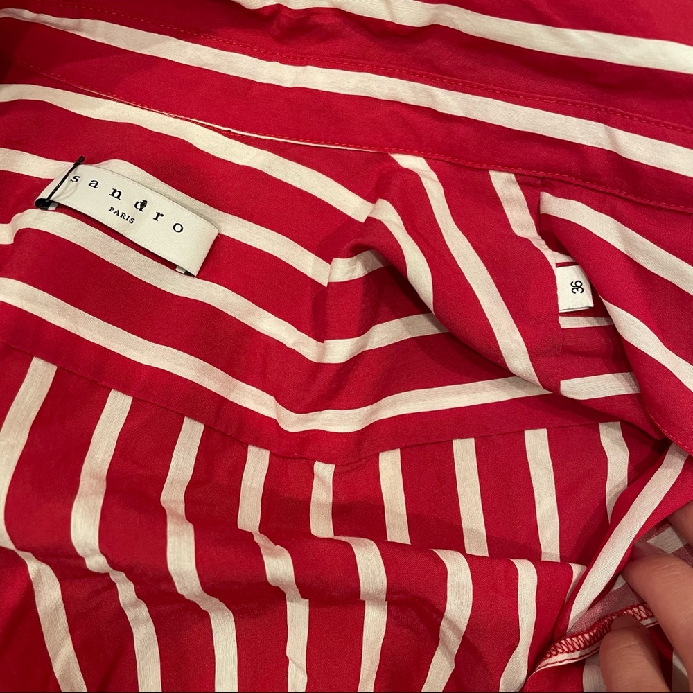 Sandro Paris Loreta Red And White Stripe Short Sleeve Wrap Midi Dress Sz 36 - Picture 5 of 5